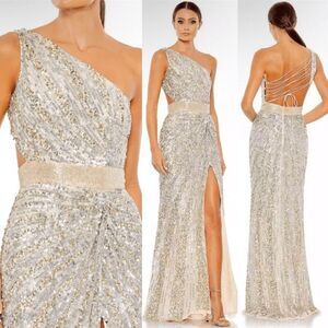 Mac Duggal 5687 SEQUINED ONE SHOULDER DRAPED LACE UP GOWN dress Silver 8